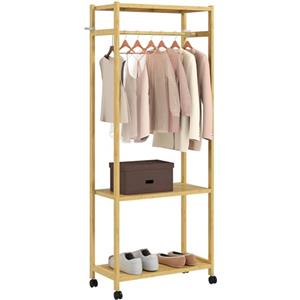 HOMCOM Stand Appendiabiti da Terra con Barra e 4 Ruote, Attaccapanni da Terra Salvaspazio con Ripiani Inferiori in Bambù, per Soggiorno, Camera da Letto, 70x35x175 cm, Legno Naturale