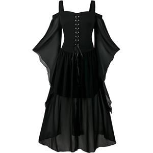 CNVAUIE Costume rinascimentale da donna, abito medievale con maniche a tromba gotico, maxi abito per carnevale, Halloween, feste (Nero, XXL)
