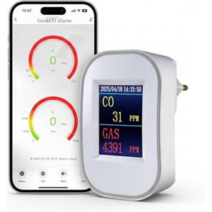 SINOTE'CA SINOTÉCA Rilevatore Gas e Monossido di Carbonio WiFi, 2 in 1 Metano/GPL/Propano, Display LED PPM, Notifiche App Tuya, Presa a Muro Senza Batteria, EN50291 EN50194, per Casa Cucina Garage Camper