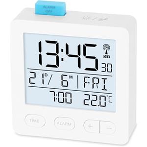 ADE Radiosveglia digitale con batteria | orologio radio con luce | orologio con indicatore di temperatura | sveglia da viaggio | con termometro e datario | bianco