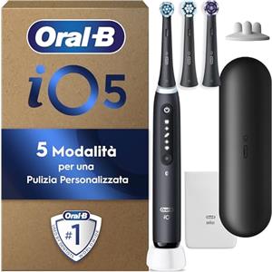 Oral-B Spazzolino Elettrico Ricaricabile iO 5 Nero, 1 Spazzolino Elettrico Oral B, 3 Testine di Ricambio, Custodia Da Viaggio, Pulizia Denti Efficace