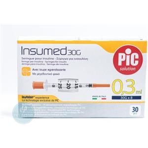 Pic Insumed Siringa per Insulina 0,3 ml con Ago 30 Gauge 8 mm - Confezione da 30 Pezzi