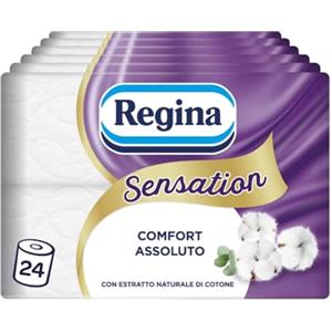 Regina Sensation - 24 Rotoli di Carta Igienica, 160 Soffici Strappi a 3 Veli, Morbida e Resistente, Con Estratto Naturale di Cotone, Confezione con il 60% di Plastica Riciclata, Certificata FSC®