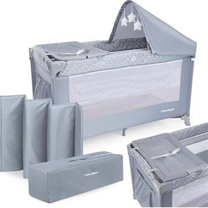Moby-System 2 in 1 Lettino da Viaggio e Box Gioco per Neonati e Bambini | Materasso Inclusa | Altezza Regolabile | Pieghevole e Portatile con Borsa per il Trasporto (Grigio)