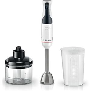 Bosch Serie 4 Frullatore a Immersione ErgoMaster MSM4W220, 600 W, Impugnatura Ergonomica, Regolazione Dinamica della Velocità, 4 Lame in Acciaio Inox, Tritatutto Incluso, Bicchiere Graduato, Bianco