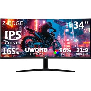 Z Z-Edge Z-Edge Monitor Curvo 34 Pollici PC Gaming, 2K, 3440x1440, 165Hz (DP), IPS, 1ms, Display Ultrawide 21:9, Regolabile in altezza/Verticale/Orizzontale/Rotazione, 100Hz (HDMI), FreeSync, VESA