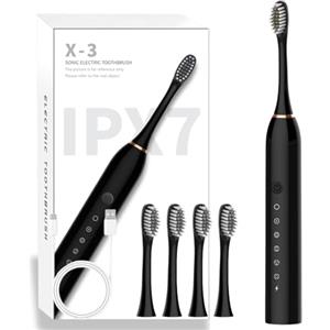 Puokmy Spazzolino Elettrico, Spazzolino Elettrico Sonico Denti per Adulto & Kinder, 4 Testine 6 Modalità 42000 VPM Sonico, Spazzolini Elettrici per Ricarica rapida USB, Nero