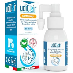 Udivita Spray Isotonico per Pulizia Orecchie 50ml - UdiClair SoftSpray Aiuto Quotidiano per Rimozione del Cerume - Applicazione Facile con Getto Nebulizzato Soluzione Isotonica alla Camomilla Made in Italy