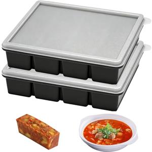Eniyou 2 Pezzi Contenitori Silicone Per Freezer Con Coperchio, Stampo Ghiaccio Silicone Alimentare, Grande Vassoio Per Cubetti Di Ghiaccio, Adatto Per Congelare Brodo, 4 Griglie, Senza BPA, Nero