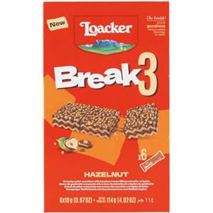 Loacker, Break3, Barrette Croccanti con Crema alle Nocciole 100% Italiane e Ripiene di Friabili Cialde Crispies, Senza Conservanti, Merenda e Snack, Confezione da 6 Monoporzioni da 19g (114g)