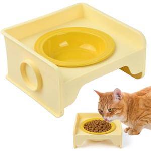 QINGZY Ciotola Rialzata Gatto in Ceramica Antivomito, Ciotola Cibo Cani, Supporto Antiscivolo, Porta Ciotole per Gattini e Cani Piccoli, Doppia Ciotola per Acqua e Cibo, Facile da Pulire, Giallo