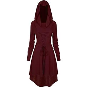 TSIRNK Abito gotico da donna, abbigliamento medievale, costume da halloween, rinascimentale, con cappuccio, per carnevale di Halloween (rosso vinaccia, S)
