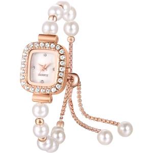 JewelryWe Orologio Bracciale da Donna con Perle: Orologio Piccolo Elegante Senza Numero Colore Oro-rosa in Acciaio Inossidabile Leggero Idee Regalo
