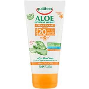 equilibra Solari, Aloe Crema Solare Spf 20 Travel Size, Crema con Aloe Vera, Latte di Mandorle, Olio di Carota e Vitamina E, Contro le Scottature, per un'Abbronzatura Sana, Water Resistant, 75 ml