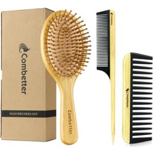 Combetter Set di spazzole per capelli in bambù, spazzola districante in legno naturale, ecologica e bachelite resistente, pettine a denti larghi e pettine a coda di topo per donne, uomini, bambini