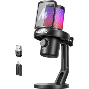 MAONO Microfono Wireless, Microfono PC con Software Cambiavoce Vocale IA, Cancellazione del Rumore, EQ personalizzata, Luci RGB Regolabili per Gioco, Podcasting, Streaming, DM40 Nero