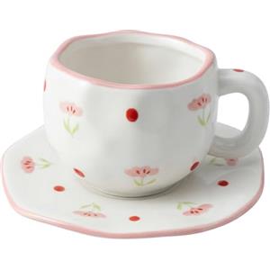 TREEWOO Set di tazze da caffè e piattini in ceramica dipinti a mano, motivo floreale, 250 ml, stile coreano, schiacciato a mano, irregolare cappuccino