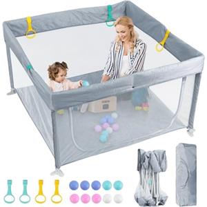 eSynic Box Bambini 120x120 cm con Pallini e Maniglie, Montaggio Zero, Recinto per Neonati Modulare Pieghevole, Porta con Zip Esterno, Playpen Giochi per Bimbo con Borsa Portatile da Viaggio - Grigio