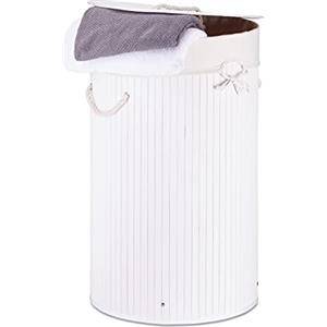 Relaxdays Cesto Portabiancheria, Rotondo, Pieghevole, 70 L di Volume, Coperchio e Sacco di Cotone, Ø 41 cm, Bianco