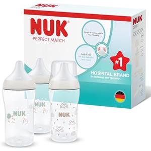 NUK Perfect Match Biberon | 3+ mesi | 260 ml | Biberon anti-coliche | PP | Indicatore di controllo della temperatura | Arcobaleno/Pecora | Confezione da 3