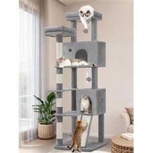 Fobyfurny Albero Tiragraffi per Gatti 178 cm, Torre per Gatti da Appartamento con Pali in Sisal, Tavola Tiragraffi, 2 Comodi Condomini, 2 Trespoli, Pompon, Zona Relax, Grigio Chiaro FPMS005FG1