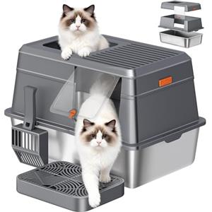 Fobyfurny Lettiera Acciaio Inox Chiusa con Coperchio, Lettiera Acciaio Inox XXL Gatto, con Pedana e Paletta, Facile da Pulire, Doppio Ingresso, Rimovibile, 60 x 40 x 38 cm, Grigio Scuro, FPLB204SG2