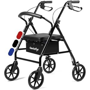 Geriafy - Deambulatore per Anziani Pieghevole e Leggero | Modello Lambda Max | Girello con Seduta e Schienale | Rollator Ruote XL (20 cm) con Regolazione Superiore e Freni a Leva | DM Classe I (Nero)