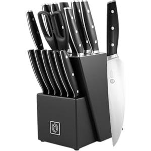 MasterChef Set Coltelli da Cucina Professionali con Ceppo, Porta con Coltello Pane, Bistecca, Chef, Santoku, Affilacoltelli, Forbici, Acciaio Inox ad Alto Carbonio, Manici Tripli Rivettati, 15 pezzi