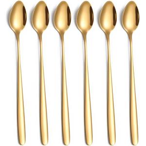 tiokin Set di cucchiai per latte macchiato, 6 pezzi, manico lungo 19,5 cm, cucchiaio lungo in acciaio inox, ideale per caffè freddo, tè freddo, frappè, gelato, bevanda fresca (oro)