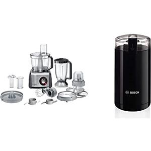 Bosch Elettrodomestici Robot da Cucina Multifunzione Compatto 1250 W, Ciotola 3,9 L con Accessori Per Tagliare, Alluminio + Bosch Elettrodomestici TSM6A013B Macina Caffè 180 W, 0.08 kg, Plastica, Nero