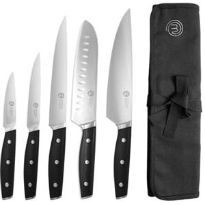 MasterChef Set Coltelli da Cucina Professionali con Borsa Coltelli Chef, Set di Coltelli da Chef, Santoku, Tritatutto, da Ufficio e per Verdure, Acciaio Inossidabile ad Alto Carbonio, 5 Pezzi