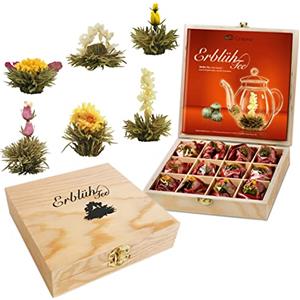 Creano Set Regalo 12 Fiori di Tè Bianco in Scatola di Legno | 6 Varietà Diverse | Tè ai Fiori Artigianali, Idea Regalo Elegante