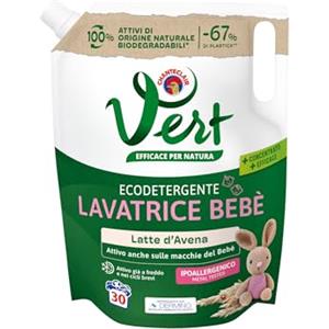 CHANTECLAIR VERT Vert - Ecodetergente Lavatrice Bebè - Fragranza Latte d'Avena, 100% Origine Naturale, Superefficace anche sulle Macchie del Bebé, Ipoallergenico, per Pelli Sensibili - Flacone da 1200 ml, 30 Lavaggi