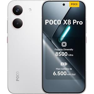 XIAOMI POCO X8 Pro, Smartphone 12+512GB, Dimensity 8500-Ultra, Batteria 6500mAh (typ), Display AMOLED ultra luminoso, Fotocamera 50MP con OIS, Bianco, Garanzia 2 anni+1 anno extra, Caricatore non incluso