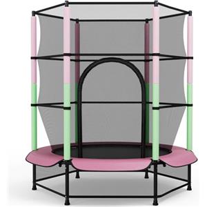 LIFERUN Trampolino Elastico Bambini, Tappeto Elastico Bambini Ø140 cm, Salterello bambini con Rete Sicurezza, Trampolino Giardino per Esterno e Interno, Max 50 kg, per Regali, Rosa-Verde