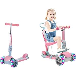 NUKied Monopattino 5 in 1 per bambini, a 3 ruote, con sedile pieghevole regolabile in altezza, ruote lampeggianti, in poliuretano, supporto per sedersi, per bambini, ragazzi e ragazze (rosa)