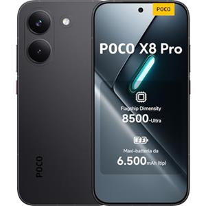 XIAOMI POCO X8 Pro, Smartphone 12+512GB, Dimensity 8500-Ultra, Batteria 6500mAh (typ), Display AMOLED ultra luminoso, Fotocamera 50MP con OIS, Nero, Garanzia 2 anni+1 anno extra, Caricatore non incluso
