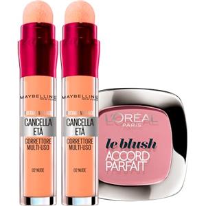 Maybelline 2x Maybelline New York Il Cancella Età Correttore Liquido Multiuso Colore 02 Nude con Applicatore a Spugnetta + 1x Blush Colore 120 Rose Santal Con Applicatore e Specchietto