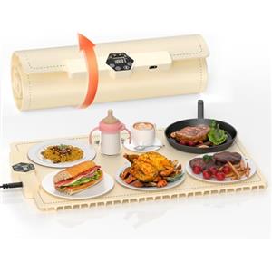 BURMONG INNOWARMER Vassoio Riscaldante Elettrico,Scaldavivande Elettrico Portatile con Temperature Regolabili e Timer, Silicone Pieghevole Tappetino Riscaldante per Feste,Ristoranti,Domestiche (Beige)