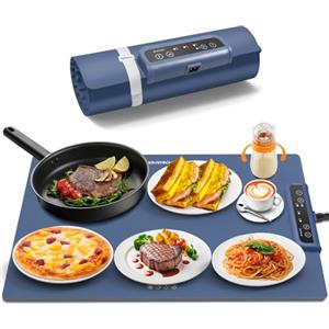 BURMONG INNOWARMER Vassoio Riscaldante Elettrico,Scaldavivande Elettrico Portatile con Temperature Regolabili e Timer, Silicone Pieghevole Tappetino Riscaldante per Feste,Ristoranti,Domestiche (Blu)