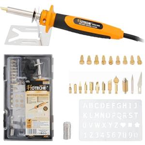 Hoteche Pirografia - Set saldatore | 15/30 W due livelli - 21 teste di incisione e accessori in metallo - manico in policarbonato + TPE