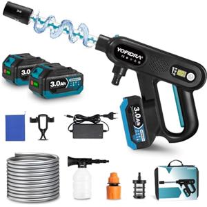 Yofidra Idropulitrice Portatile, Idropulitrice a Batteria | 200 Bar | 3 Marce | Portata 4.1L/Min | Motore Brushless | Display LCD | 2 Batterie 3.0Ah | Tubo da 5M per Auto, Giardino, Pavimento
