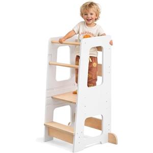 KYWAI® Torre Montessoriana Bambini Premium in Legno, Torretta Montessoriana - Regolabile in Altezza, Doppia Barra di Sicurezza, Azienda Sostenibile Impegnata nella Riforestazione (Bianco)