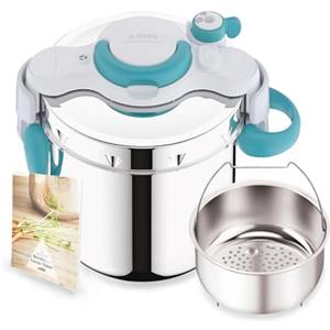 Seb 6 litri Pressure Cooker, Induzione, Stainless Steel Pressure Cooker, Foldable Handles, 100 Recipe Booklet, Made in France, ClipsoMinut'easy+ Blue P4900716