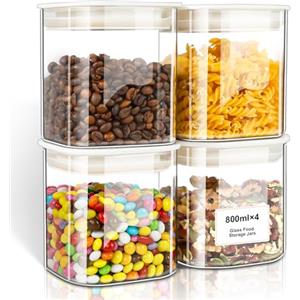 VINATO Barattoli Vetro con Coperchio (4 x 800ml) Contenitori Pasta Vetro, Barattoli Cucina con Coperchio Contenitori Ermetici per Sale Farina Spezie Cereali & Caffè, Lavabili in Lavastoviglie