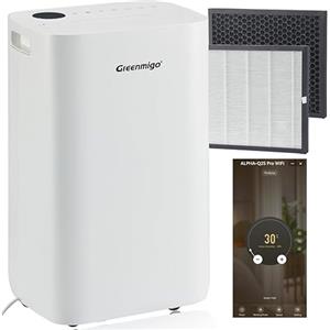 Greenmigo 25L Deumidificatore Purificatore d'Aria con Filtro HEPA e Carboni Attivi,Controllo WIFI,Ionizzatore,Serbatoio da 4.5L,Timer 24h Asciugabiancheria,Deumidificazione Continua,Funzione Laundry