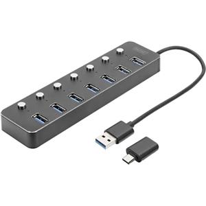 DIGITUS Hub USB 3.0 a 7 porte - fino a 5 Gbit/s - porte commutabili individualmente - incluso adattatore da USB-A a USB-C - Plug & Play - alloggiamento in alluminio - con alimentatore - grigio scuro