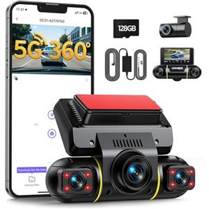 LAMTTO Dash Cam Auto 360 Gradi Dashcam Controllo APP WiFi 5G 4 Canali Telecamera per Auto Monitoraggio del Parcheggio IR Visione Notturna Kit di Cablaggio Scheda 128GB Gratuita