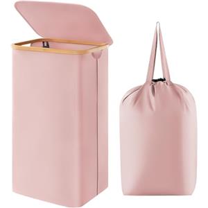 Lifewit Cesta Portabiancheria 100 L con Coperchio, Grande Cesto Biancheria Pieghevole in Bambù con Sacco Interno, Portabiancheria Salvaspazio, Laundry Basket per Camera da Letto, Bagno, Rosa