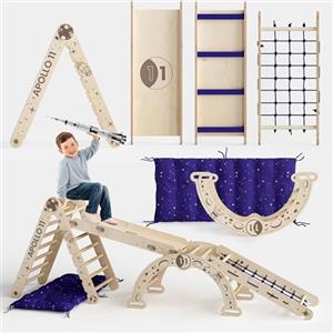Goodevas Apollo 5 in 1 Space Set da arrampicata per bambini - Attrezzo da gioco in legno Montessori ispirato alla NASA: Triangolo Pikler, arco lunare, scivolo, rete e cuscino a stella, per piccoli